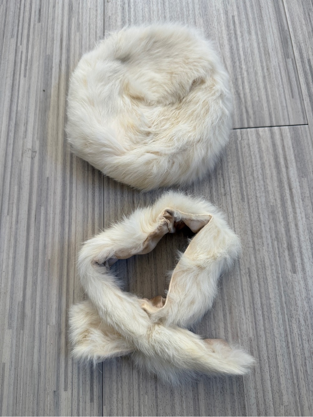 Vintage Winter White Fur Pill Box Hat and Scarf Set